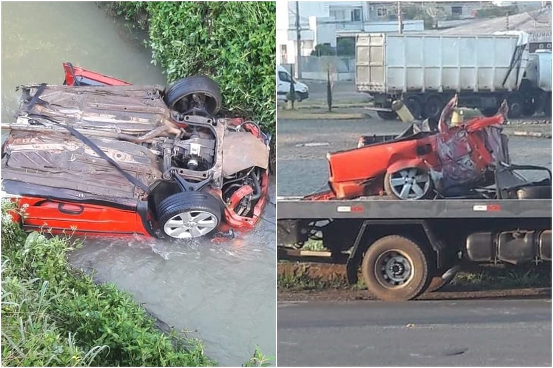 IMAGENS carro parte ao meio após bater em um poste no Oeste de SC