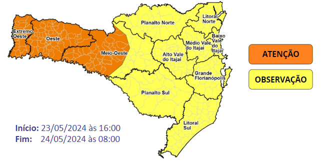 Alerta de temporais com chuva pontualmente intensa em SC; saiba quando