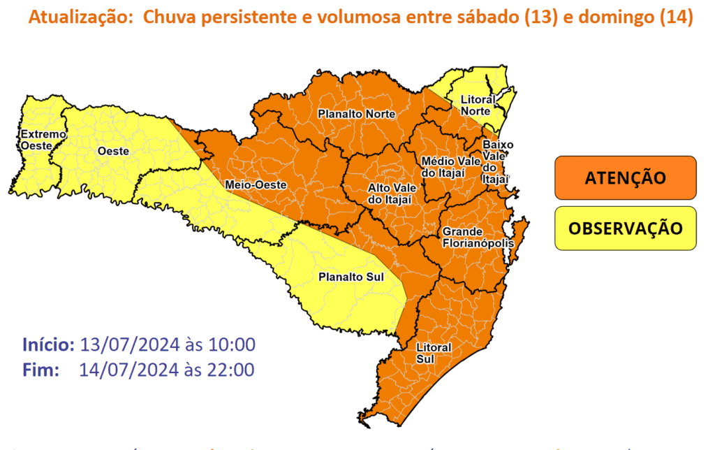 Chuva persistente e volumosa coloca regiões de SC em estado de 'atenção'