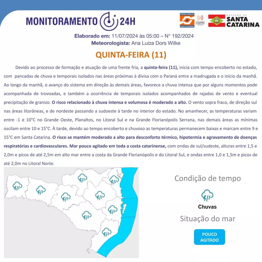 Defesa civil alerta: frio se mantém intenso em SC nos próximos dias