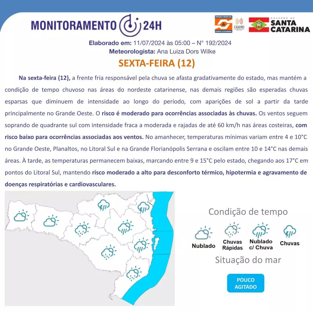 Defesa civil alerta: frio se mantém intenso em SC nos próximos dias