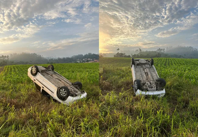 Saída de pista seguida de capotamento deixa motorista ferido no Alto Vale